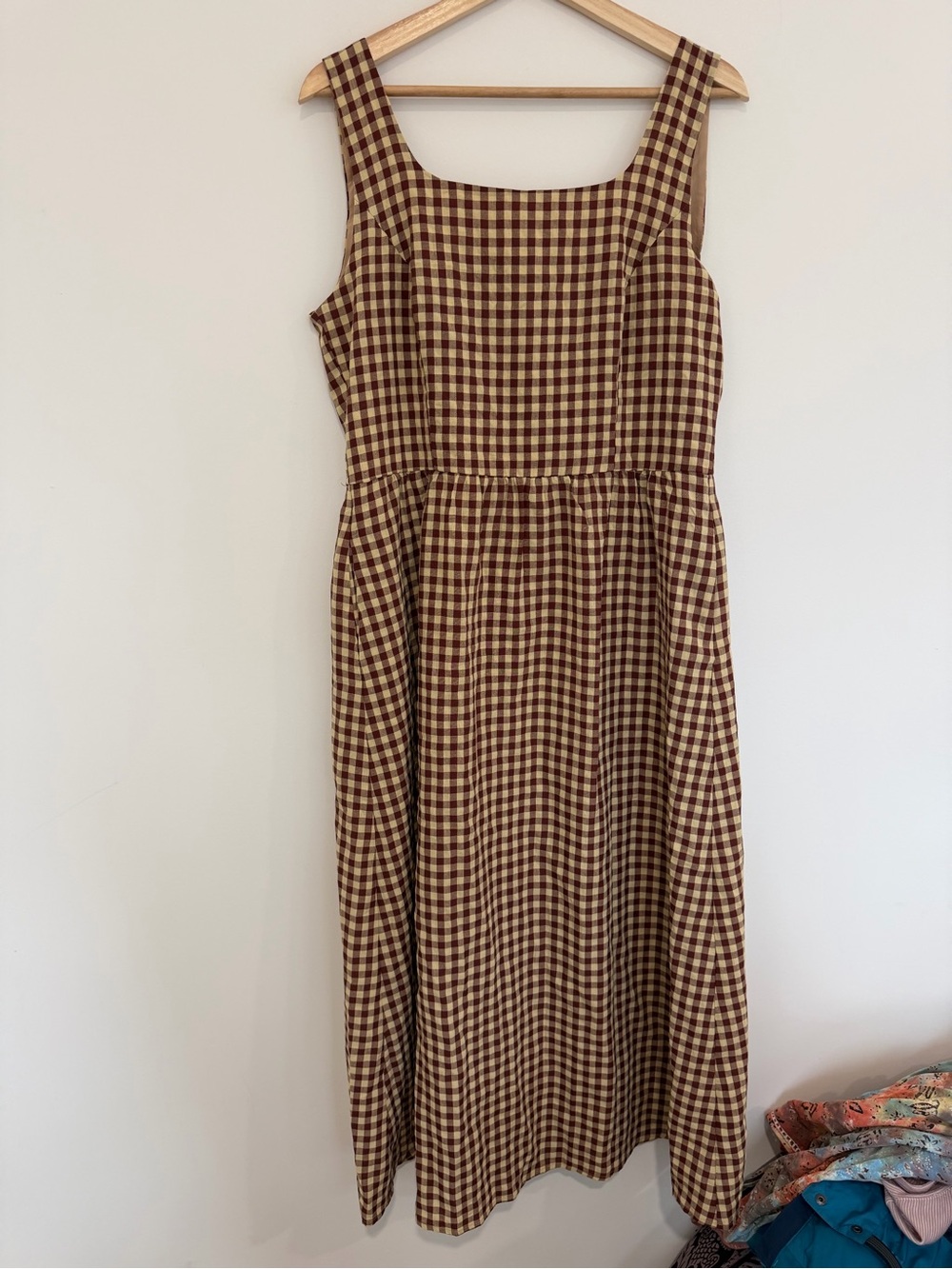 Brown Maroon Gingham Square-Neck Maxi Dress